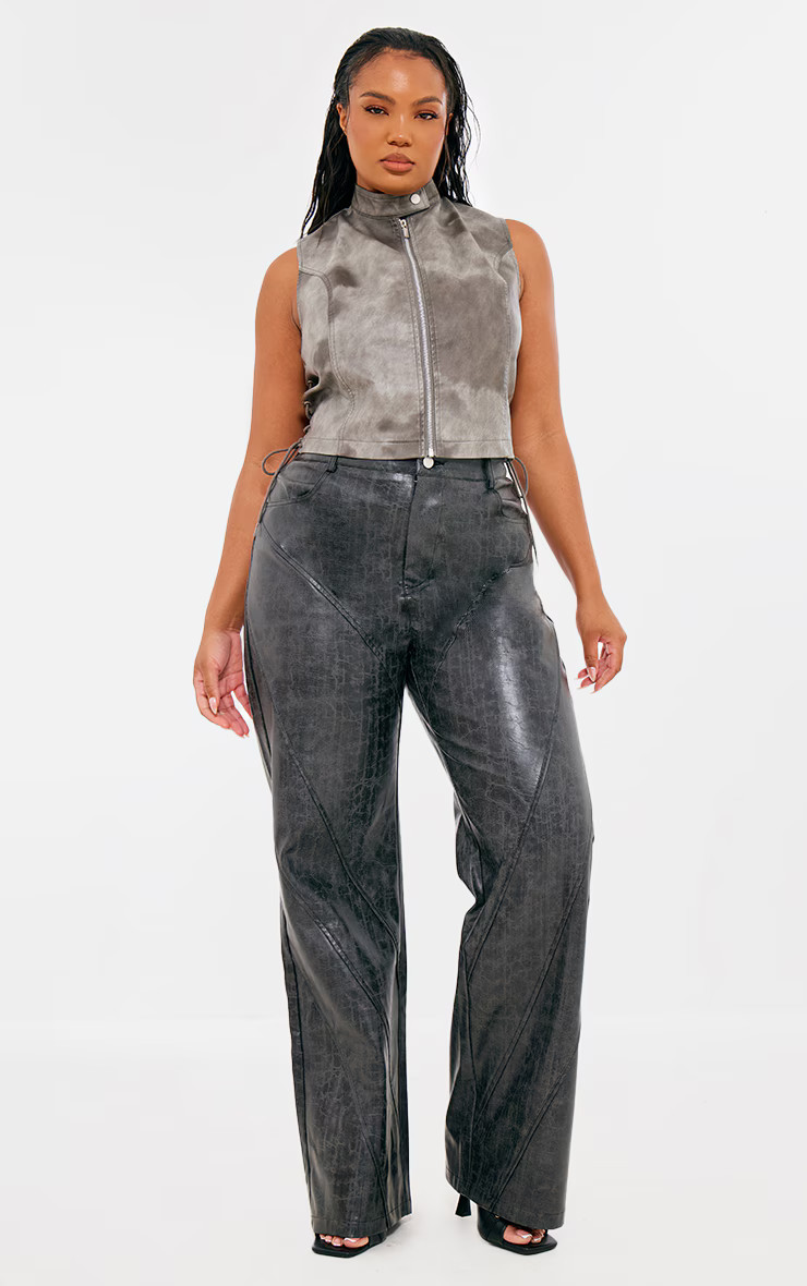 Plus Dark Grey Washed Faux Leather Panel Detail Straight Leg Pants | PrettyLittleThing US