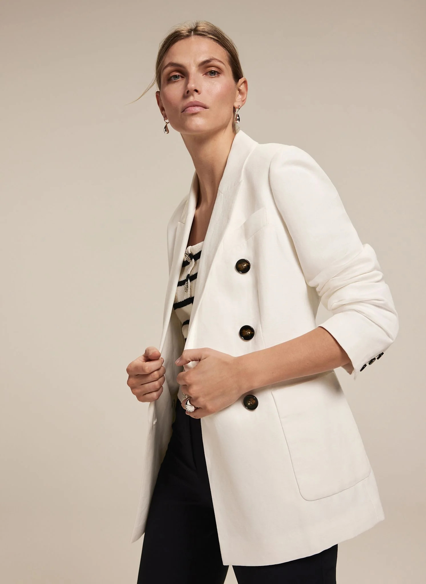 White Linen Blend Double Breasted Blazer | Mint Velvet