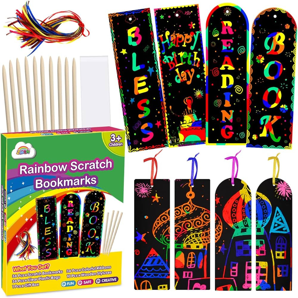 ZMLM Scratch Paper Art Bookmarks Kids: 36 Set 2 Style Magic Rainbow DIY Bookmark Art Craft Paper ... | Amazon (US)