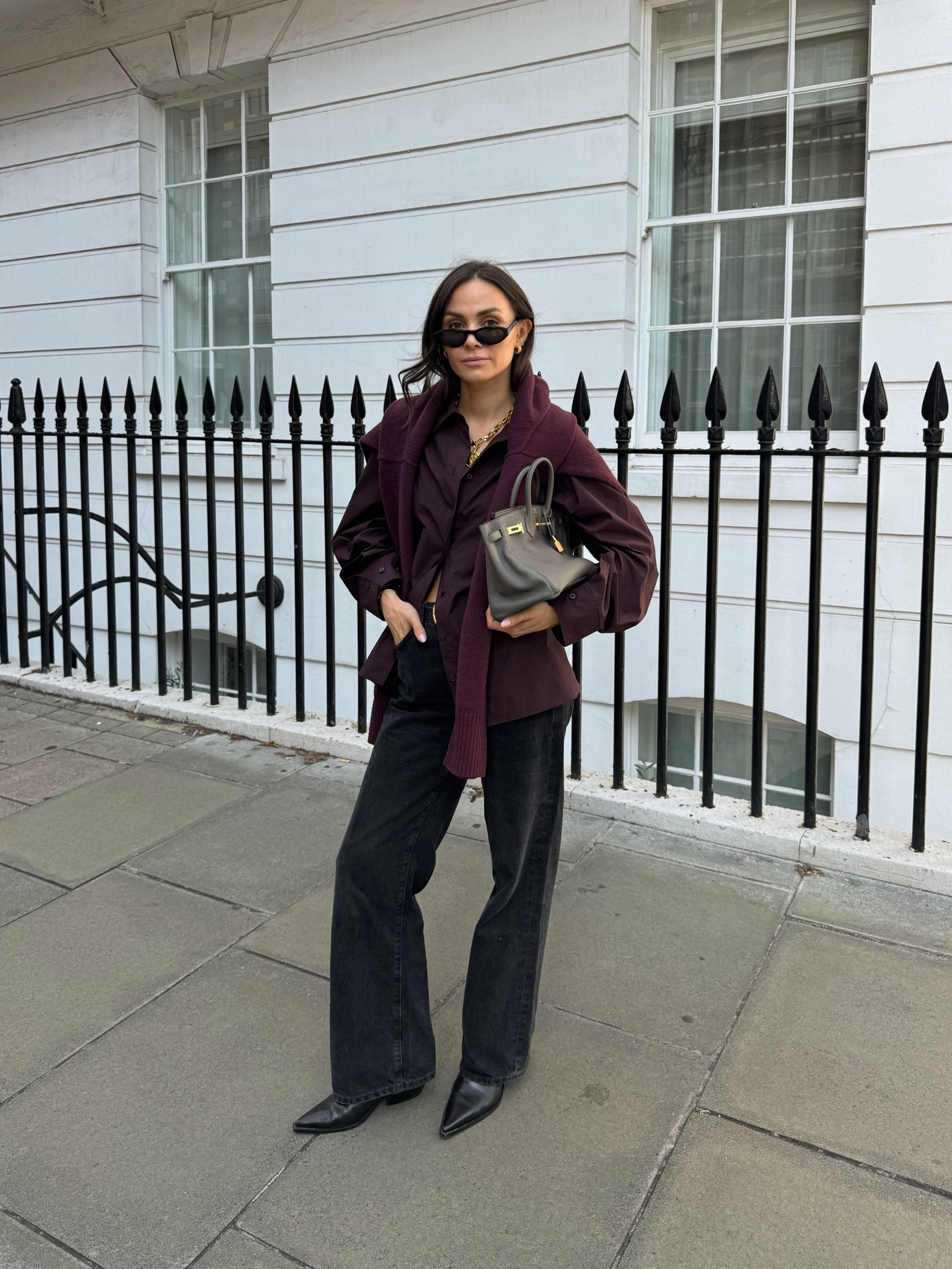 Smart casual autumn outfit, burgundy shirt, burgundy cashmere jumper, high street style, citizen jeans, cos shirt, Arket jumper, Jimmy fairly sunglasses, black cowboy boots, autumn style 

#LTKautumn #LTKstyletip #LTKuk