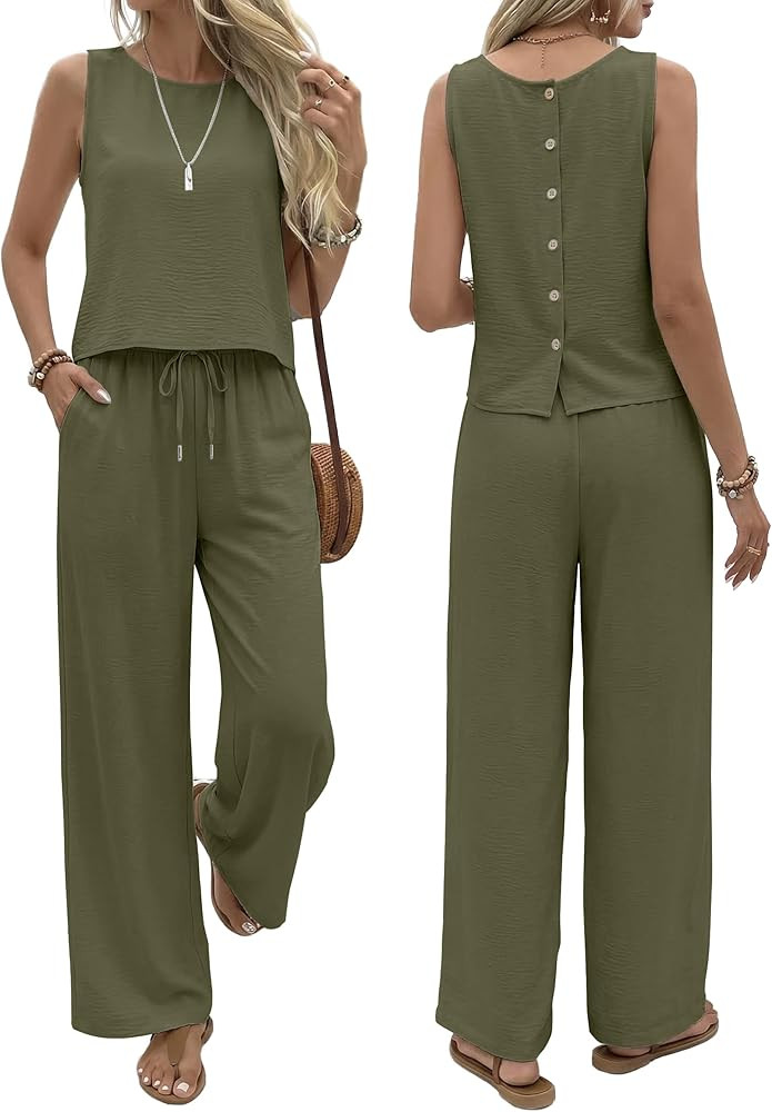 Sixstar Summer Two Piece Set for Women Button Back Tank Tops Flowy Beach Pants Vacation Outfits L... | Amazon (US)
