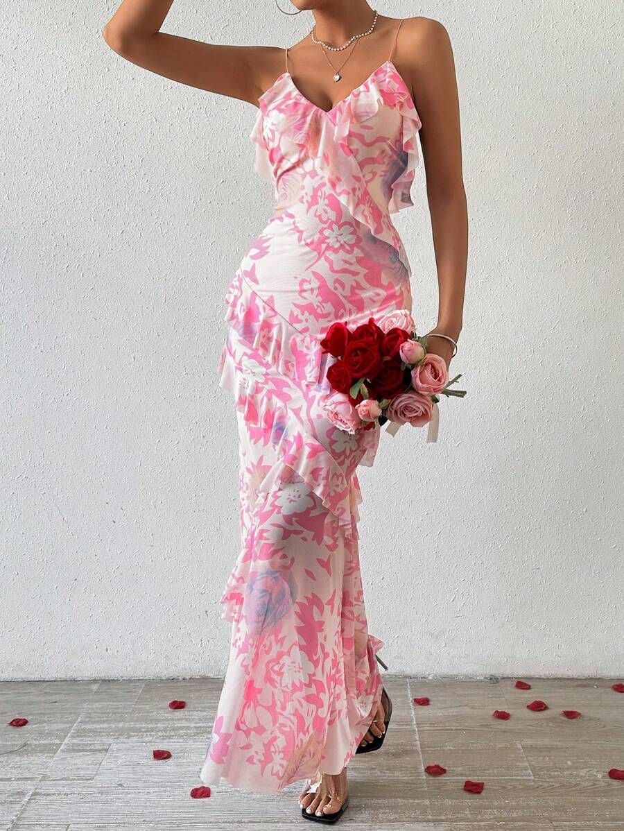 SHEIN Privé Floral Print Spaghetti Strap Dress With Lace Trim Hem And Asymmetric Hemline | SHEIN