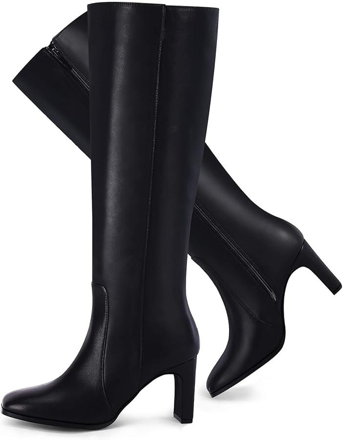 Coutgo Womens Square Toe Knee High Boots Leather Chunky Heel Fashion Dressy Winter Shoes with Sid... | Amazon (US)