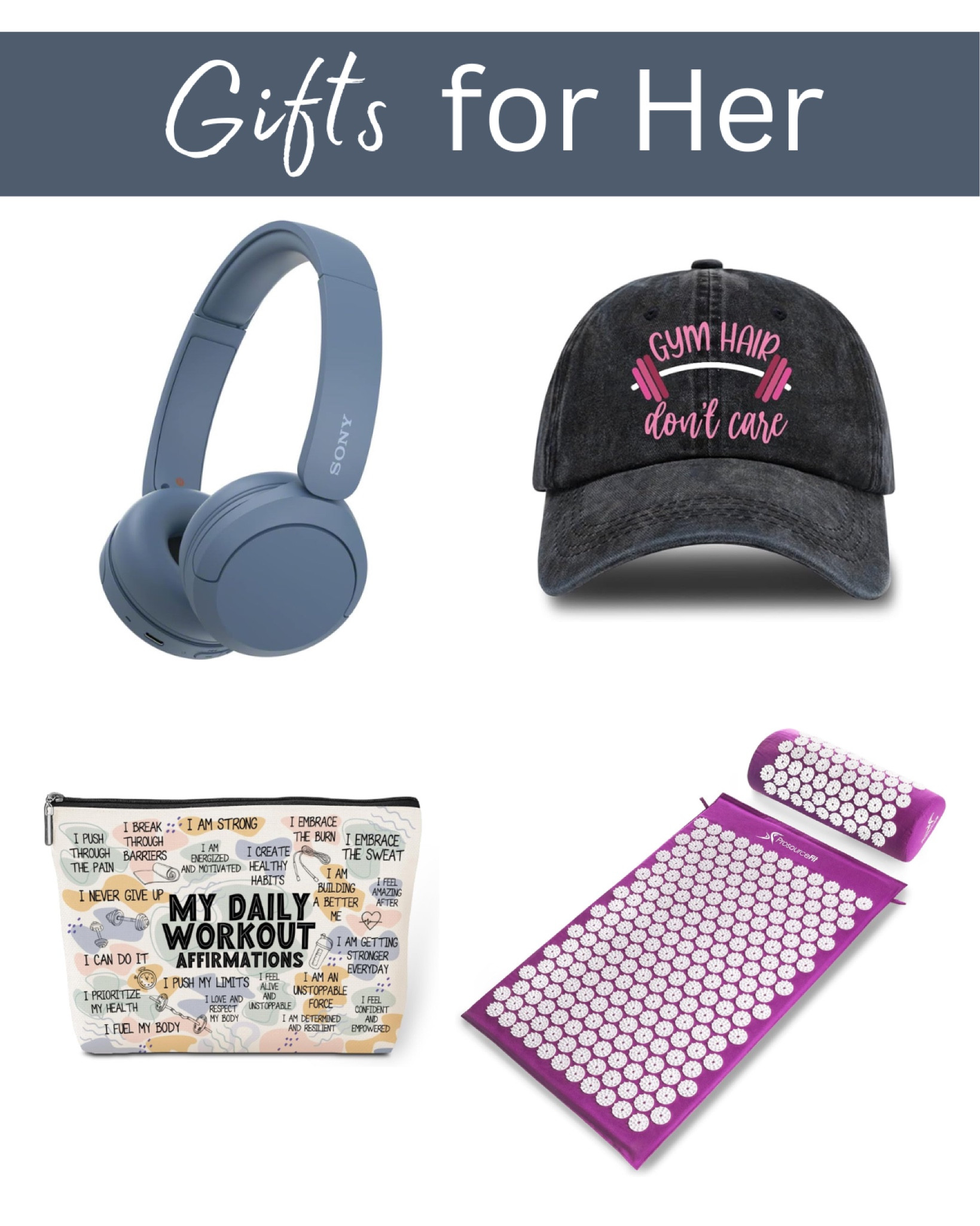 Gifts for her under $50. Gifts for workout girl, headphones, workout hat, workout affirmation bag, acupressure mat and pillow 

#LTKGiftGuide #LTKHoliday #LTKFindsUnder50