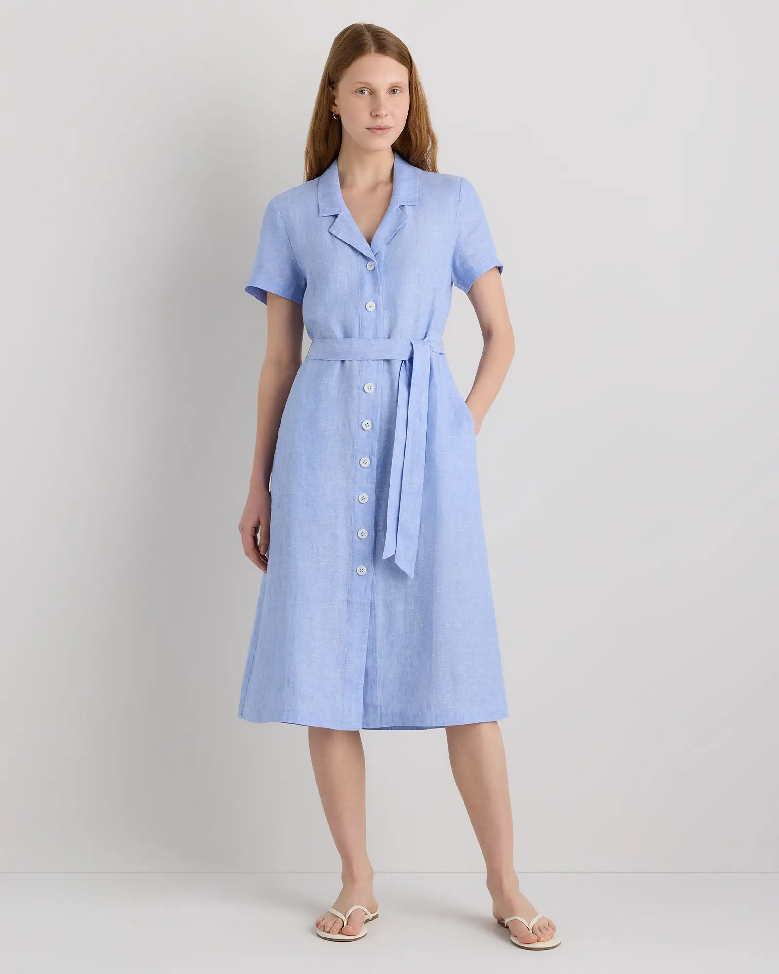 100% European Linen Button Front Dress in Blue Pinstripe | Quince