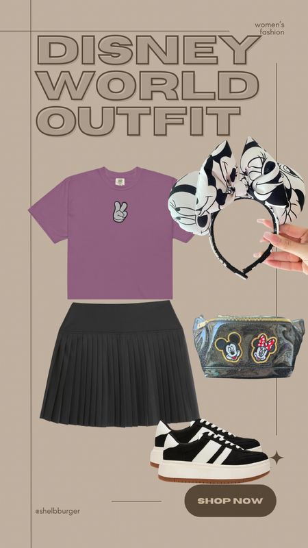 Women’s Disney World outfit

Mickey peace sign embroidered shirt 
Pleated tennis skirt
Black and white Mickey Mouse Minnie Mouse ears
Glitter Mickey and Minnie Fanny pack
Steve Madden black and white platform sneakers 