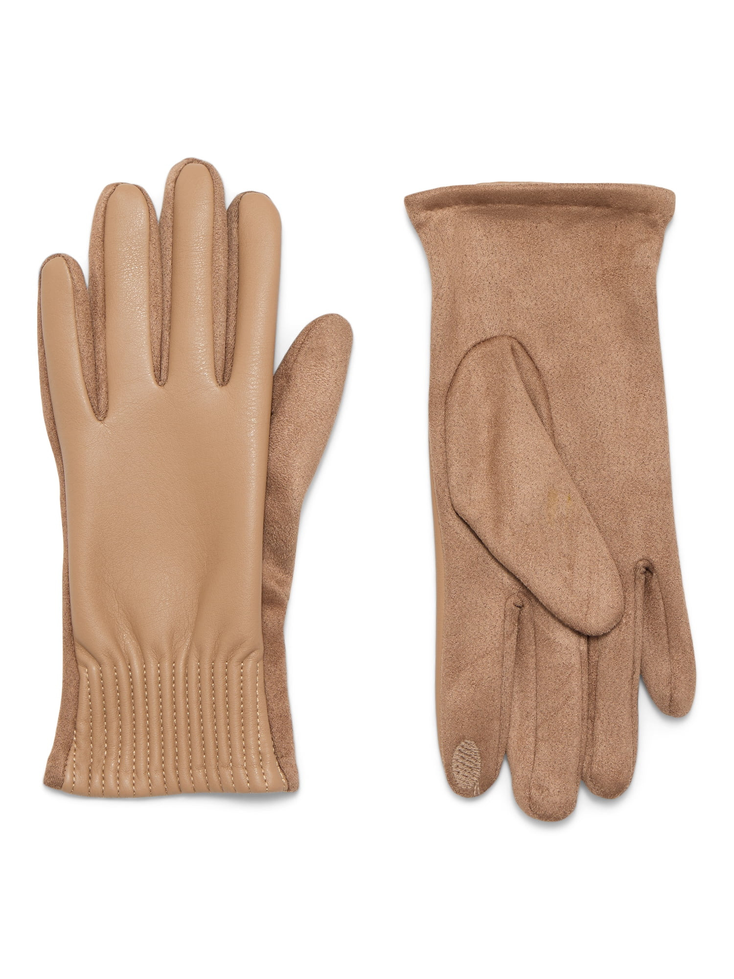 Time and Tru Women's Pleated Cuff Faux Leather Gloves, Tan, Size L/XL | Walmart (US)