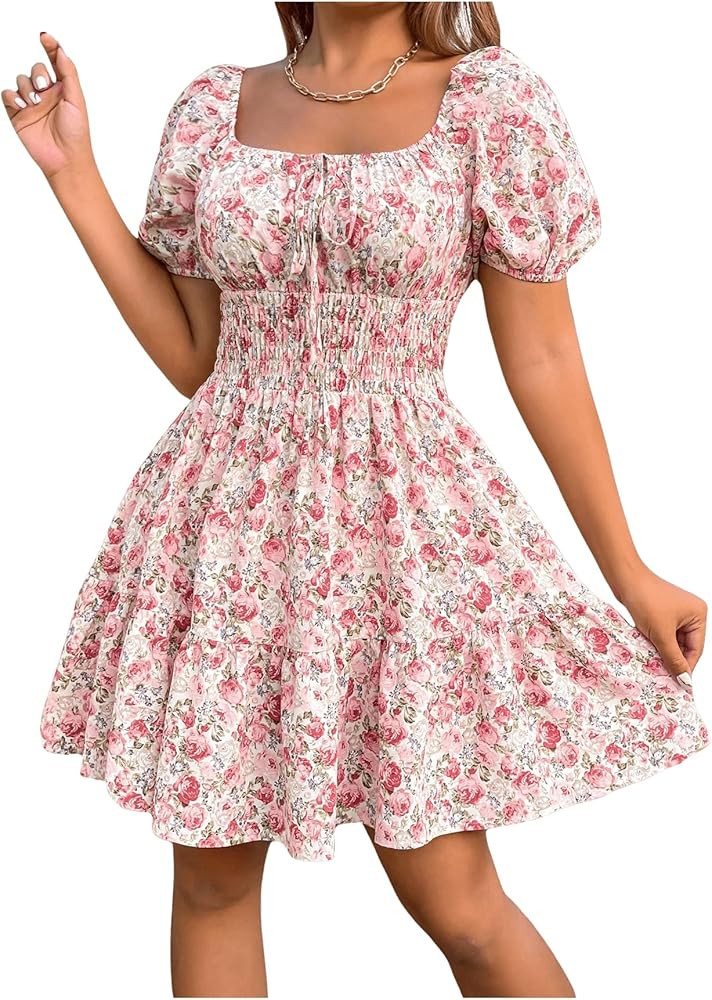 Floerns Women's Boho Square Neck Puff Short Sleeve Self Tie Front A Line Dress | Amazon (US)