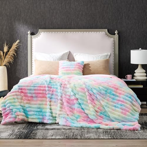 Cozy Bliss Faux Fur Throw Blanket for Couch, Cozy Warm Plush Striped Blanket for Sofa Bedroom Living Room, 108 * 90 Inches Tie-dye Rainbow | Amazon (US)