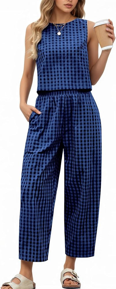 2 Piece Sets For Women 2025 Summer Matching Wide Leg Crop Pants Outfits Travel Vacation Beach Lou... | Amazon (US)
