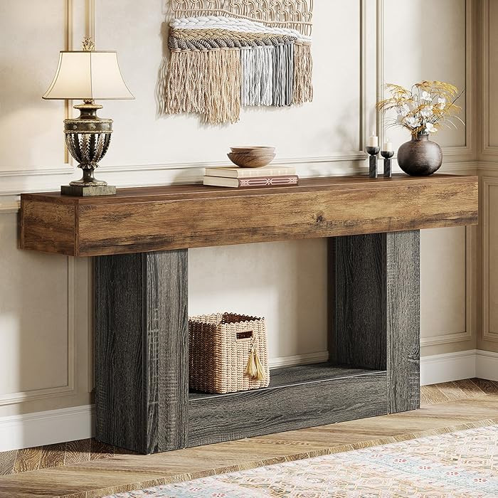 Tribesigns 63" Console Table 2-Tier U-Shaped Base Wood Vintage Brown & Gray | Amazon (US)
