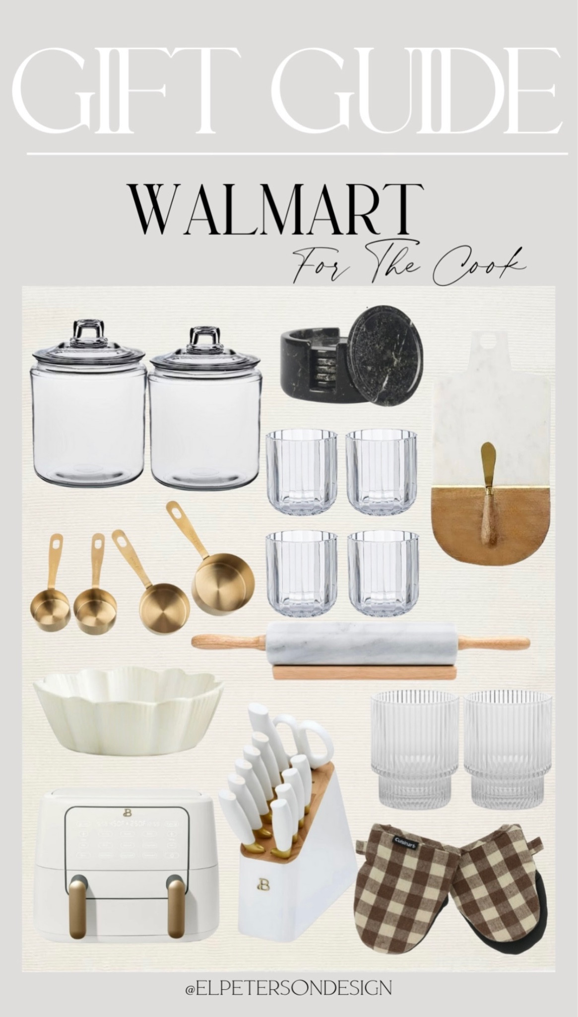 Glass Canister
Coasters
Drinking glasses
Fluted bowl
Measuring cup
Cheeseboard
Knife set in a block
Rolling pin 
air fryer
Kitchen mitts

#LTKGiftGuide