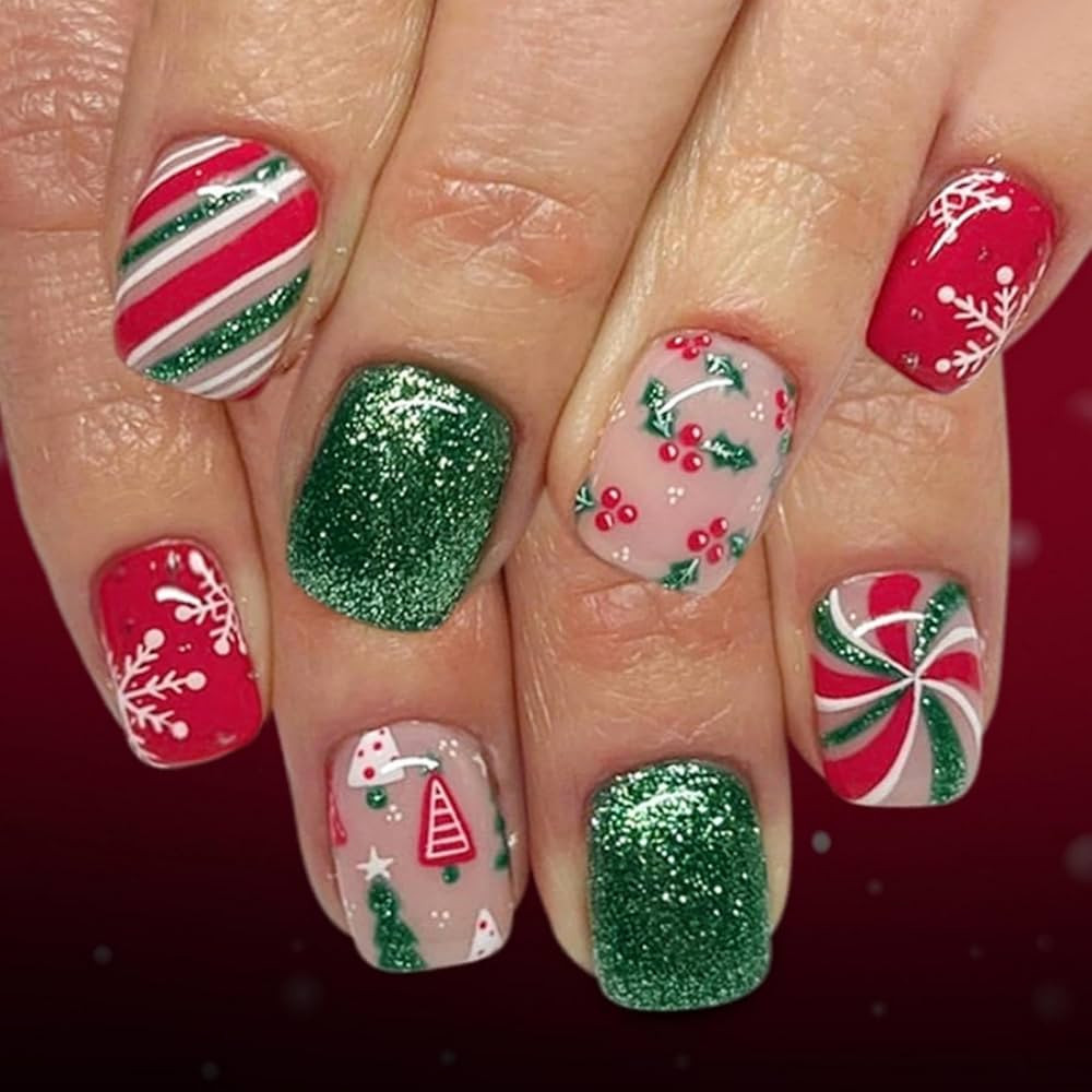 Christmas Press on Nails Short Square Fake Nails with Cute Holly Fruit Design Glossy Green Glitte... | Amazon (US)