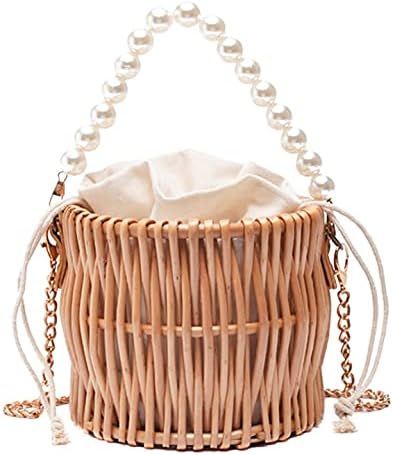 Aktudy Small Straw Purse and Handbags for Women Cute Pearl Chain Handle Crossbody Rattan Bag Bask... | Amazon (US)