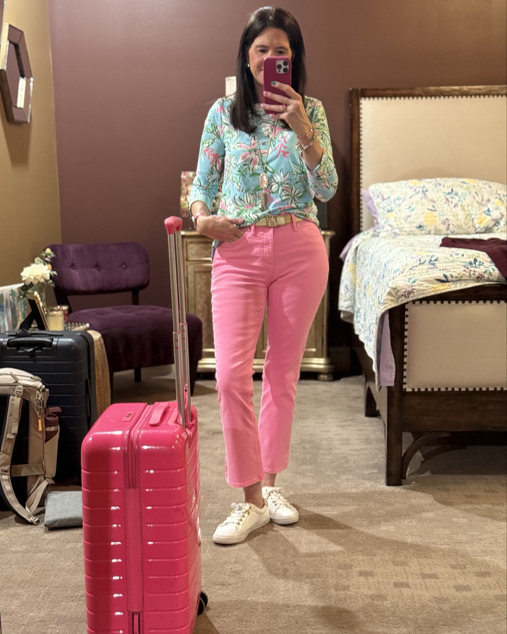 Travel Outfit 

Heading out for spring break in bright colorful spring style. Wearing new releases from Lilly Pulitzer’s spring collection. Traveling with my absolute favorite Away luggage. New pink color just released. Hubby has his original navy color he has had for years! Very durable, high quality luggage that we travel with domestically and abroad. Also wanted to show my hat clip for my bag. Hands free for carrying my hat - Under $10 

Top - size S
Capris - size 2
Luggage- Bigger Carry-on

#LTKSeasonal #LTKShoeCrush #LTKBeauty #LTKFamily #LTKMens #LTKSaleAlert 

Lilly Pulitzer, spring break, spring style, spring fashion, spring clothing, vacation, Away, carry-on luggage, sneakers, pink capris, travel, floral blouse, Luggage, carry-on luggage, Away, TSA approved luggage, vacation, spring break, airline luggage, travel luggage, suitcase, TSA suitcase, carry-on suitcase, colorful luggage, gift idea, traveler gift idea, birthday gift idea, men’s gift idea, Mother’s Day gift idea, graduation gift, gift for him, gift for Dad, Father’s Day, summer vacation, summer travel, for the traveler, gift for teens, gift for the college student, everywhere bag, hat clip, 




#LTKTravel #LTKStyleTip #LTKOver40