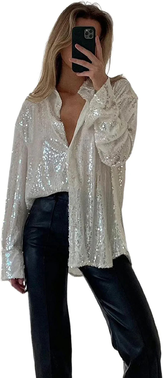 Women Sequins Top Casual Long Sleeve Shirts Lapel Button Down Blouse V- Neck Blouses Loose Comfy ... | Amazon (US)