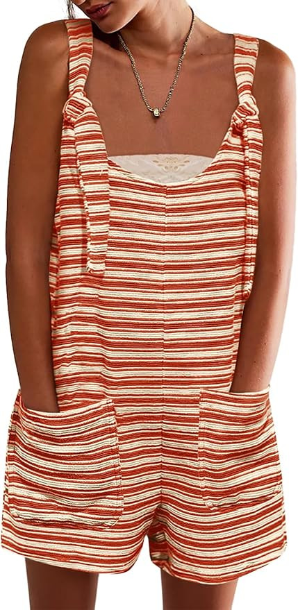 Yousify Womens Summer Casual Sleeveless Romper Loose Striped Tied Shorts Overalls Jumpsuit with P... | Amazon (US)