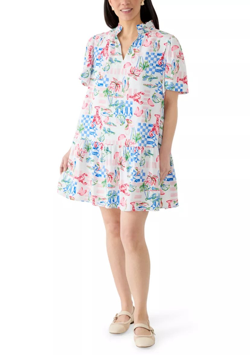 Petite Short Sleeve Notch Neck Printed Mini Dress | Belk