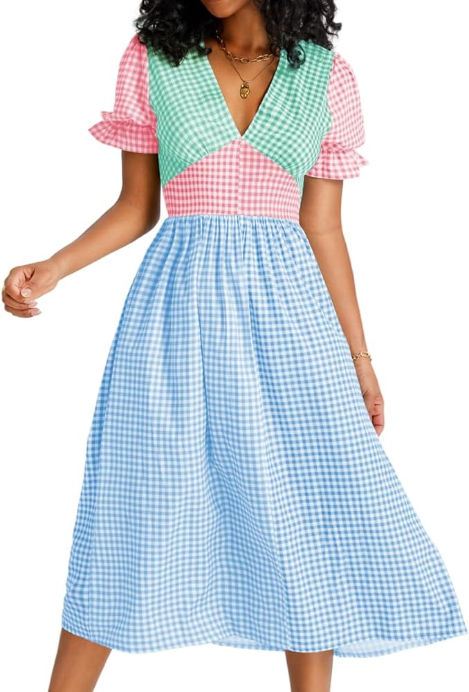 Kaei&Shi Color Block Gingham Dress,V Neck Puff Sleeve Midi Dresses,Cottagecore Vacation Summer Be... | Amazon (US)