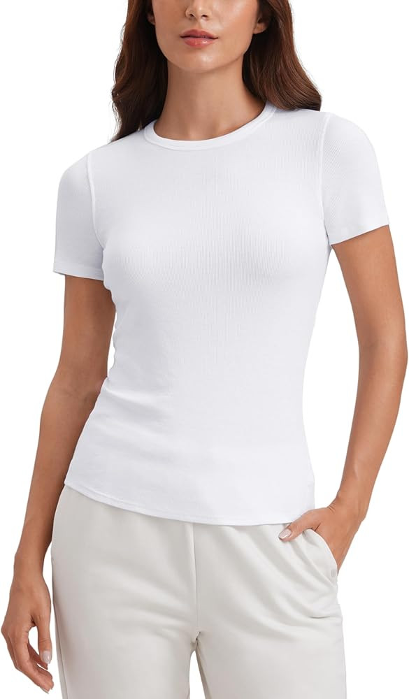CRZ YOGA Womens Ribbed Modal Casual Short Sleeve Crew Neck Basic Shirts Going Out Soft Fitted Str... | Amazon (US)