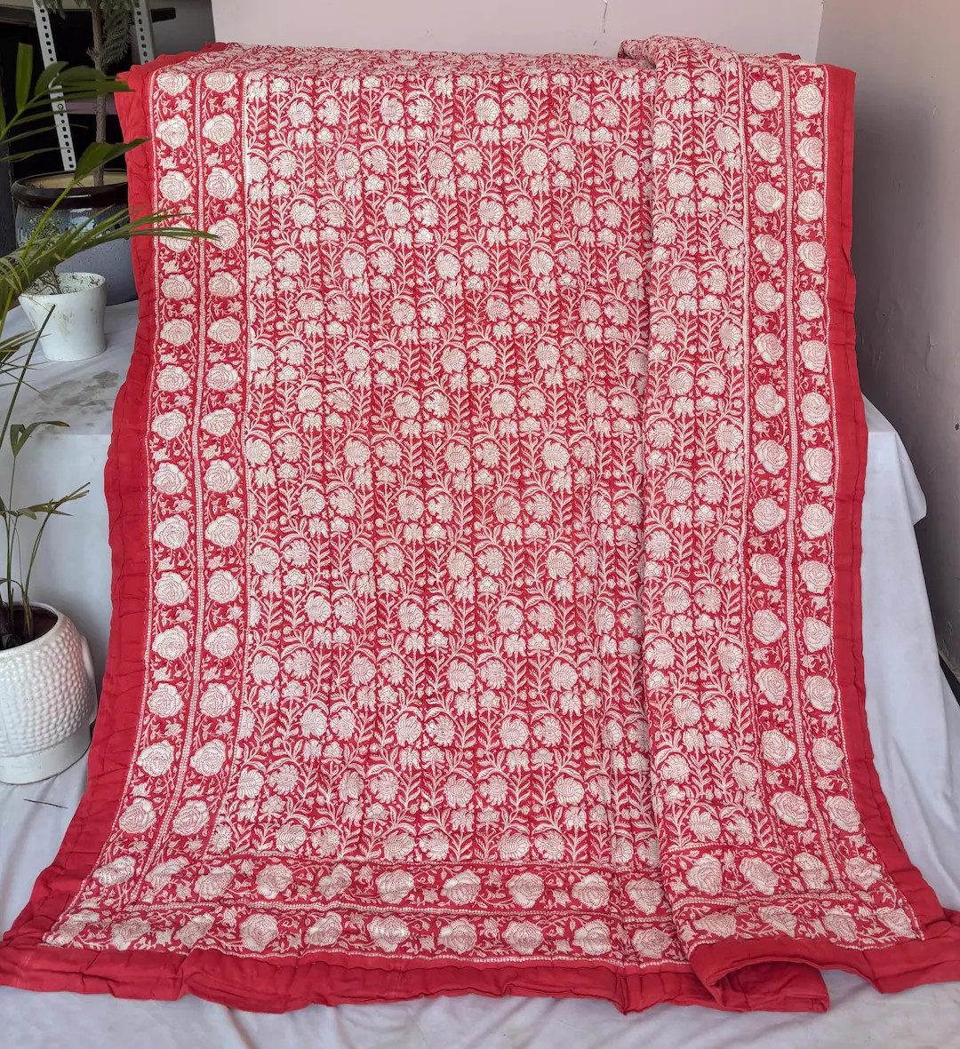 Anokhi Block Print Quilt, Reversible Red Floral Cotton Bedding Set, Artisan Crafted Queen Size Be... | Etsy (US)