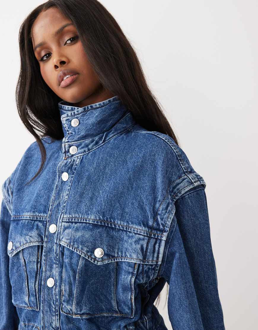 Gina Tricot funnel neck denim jacket with cinched waist in midwash blue | ASOS (Global)
