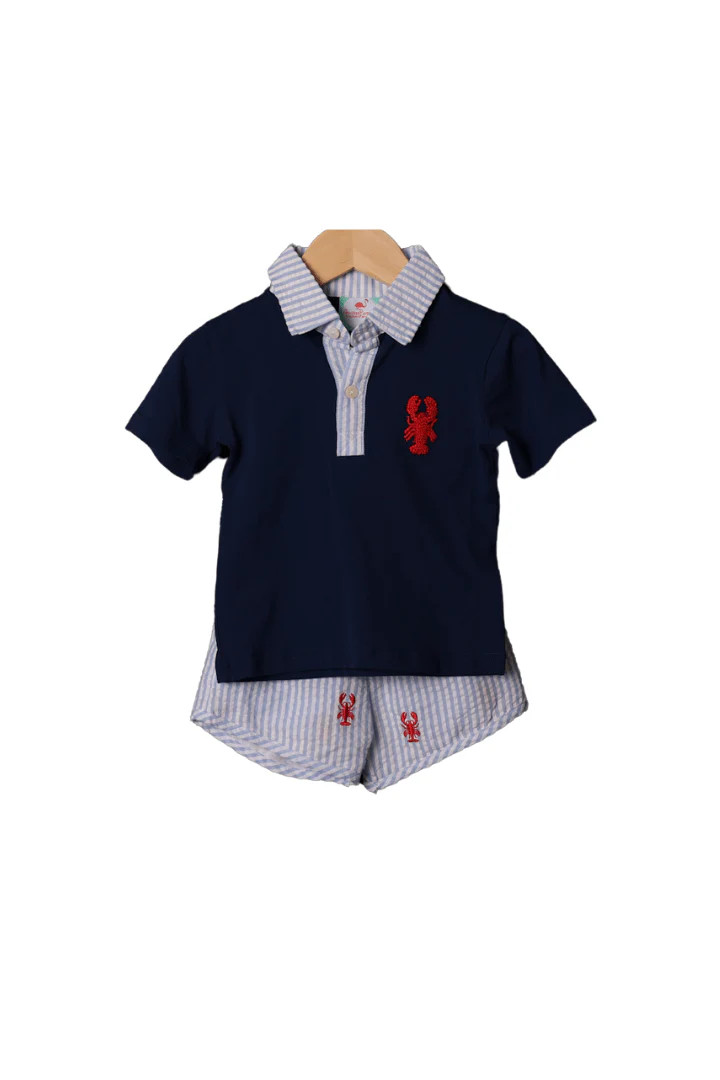 French Knot/Embroidered Lobster Blue Seersucker Short Set | The Smocked Flamingo