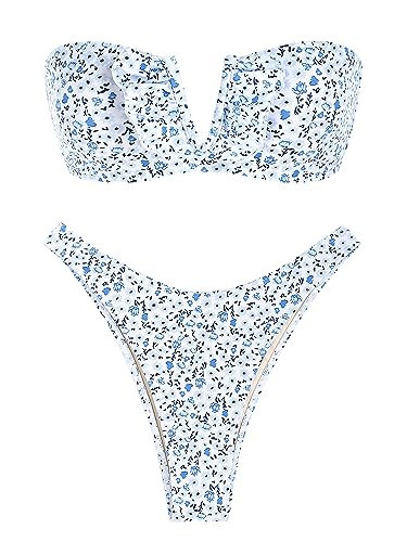 ZAFUL Women's Floral Print V Wired Lace Up Ruffle Tie High Leg Bandeau Swimsuits Strapless Bikini Set(7-Light Blue, M) | Amazon (US)