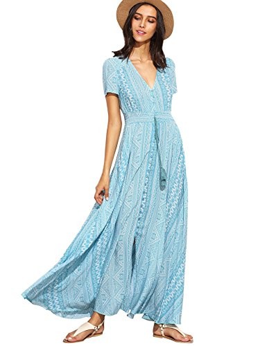 Milumia Women's Button Up Split Floral Print Flowy Party Maxi Dress Small Light Blue | Amazon (US)