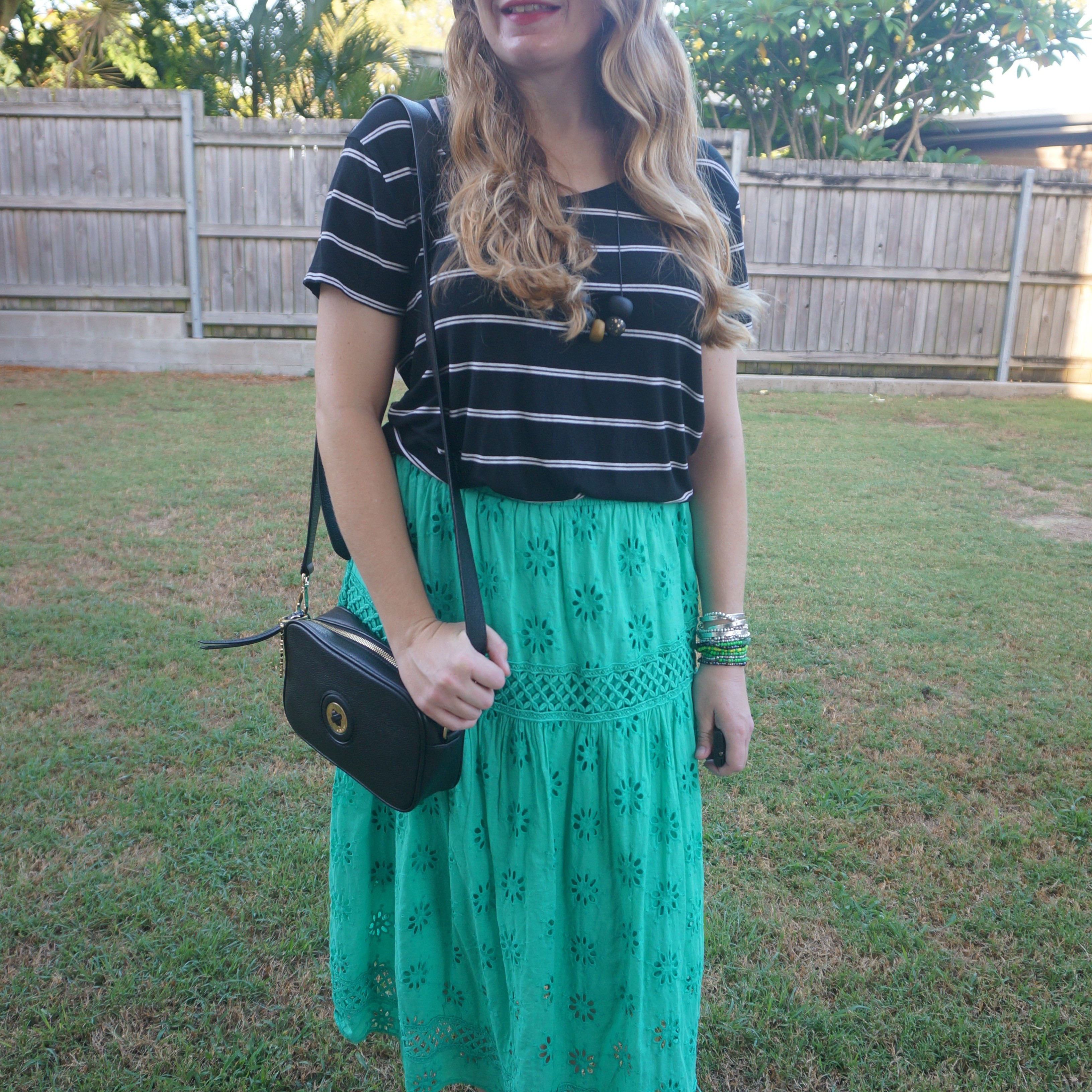 Black and white striped Mossimo tee with green Kmart Anko broderie skirt and black Mimco Mim-mazing crossbody bag 💚🖤

#LTKbag #LTKaustralia #LTKsummer
