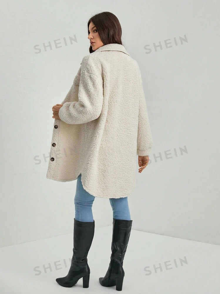 SHEIN Tall Drop Shoulder Flap Detail Teddy Coat | SHEIN