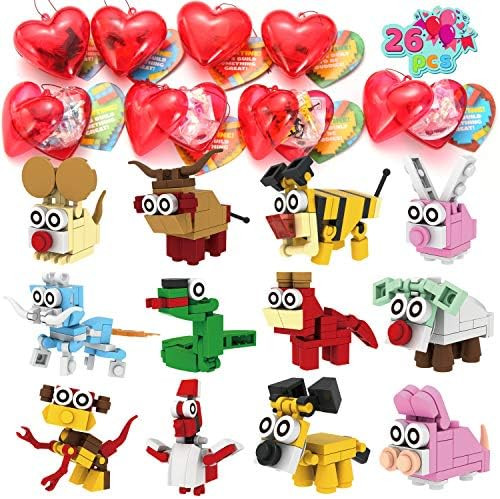 JOYIN 26 Packs Valentines Day Prefilled Hearts with Valentine Cards Filled with Animal Building B... | Amazon (US)
