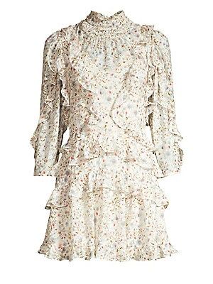 Rebecca Taylor Women's Vivianna Floral Ruffle A-Line Dress - Cream Combo - Size 12 | Saks Fifth Avenue