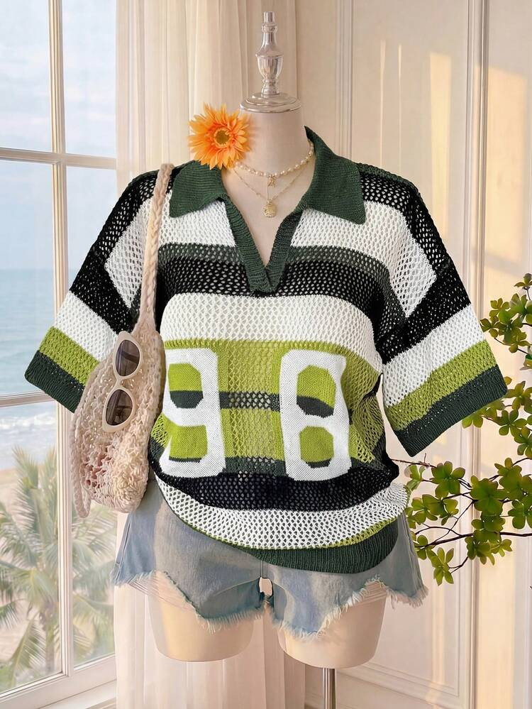 Comfortcana Plus Size Back-To-School Casual Colorblock White Hollow Out Knit Sweater 90s Tops Bea... | SHEIN