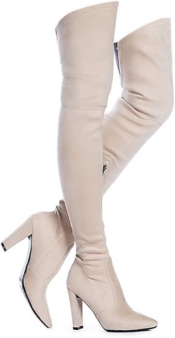 Shoe'N Tale Women Stretch Suede Chunky Heel Thigh High Over The Knee Boots | Amazon (US)