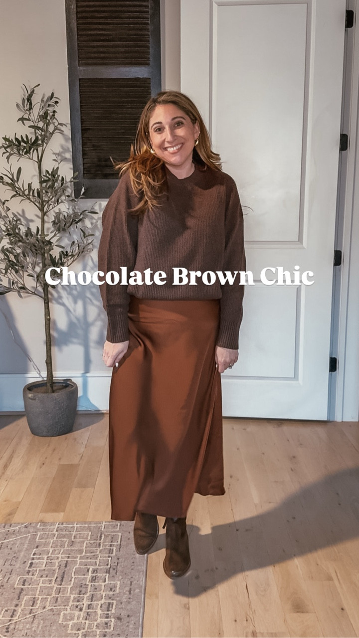 I mean is it just me or is chocolate brown having a moment this season?! I would 1000% wear this to a holiday event or party! Would you? 

Want this exact outfit? Just say BROWN below! 

https://liketk.it/5vApX midsize outfit idea, holiday style, chocolate brown slip skirt and sweater holiday event parties outfit inspiration