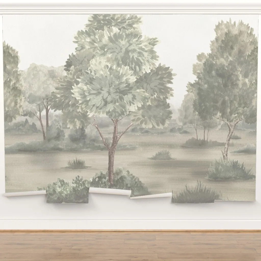 Misty Landscape in Bold Olive Mural | Spoonflower