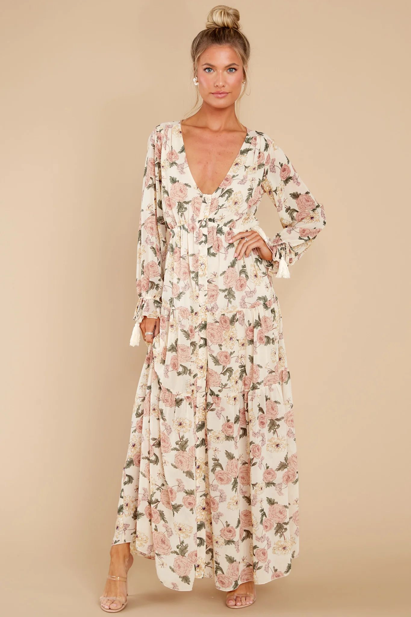 View From The Meadow Ivory Floral Print Maxi Dress | Red Dress 