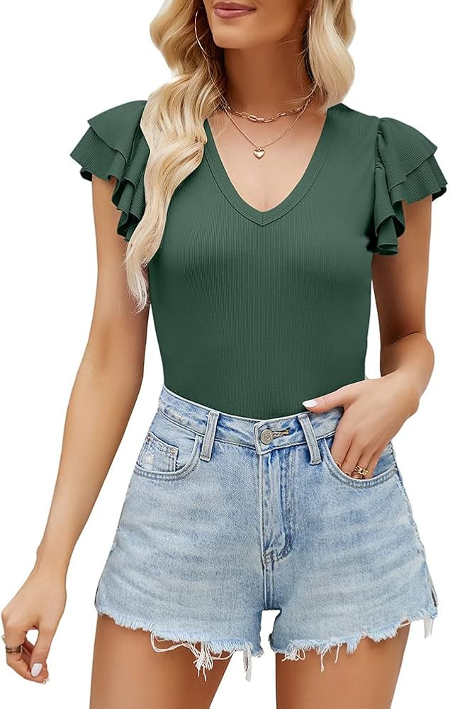 BINOVISOR Womens Ruffle Short Sleeve V Neck Slimming Ribbed Bodysuits Leotard Tops Blouses | Amazon (US)