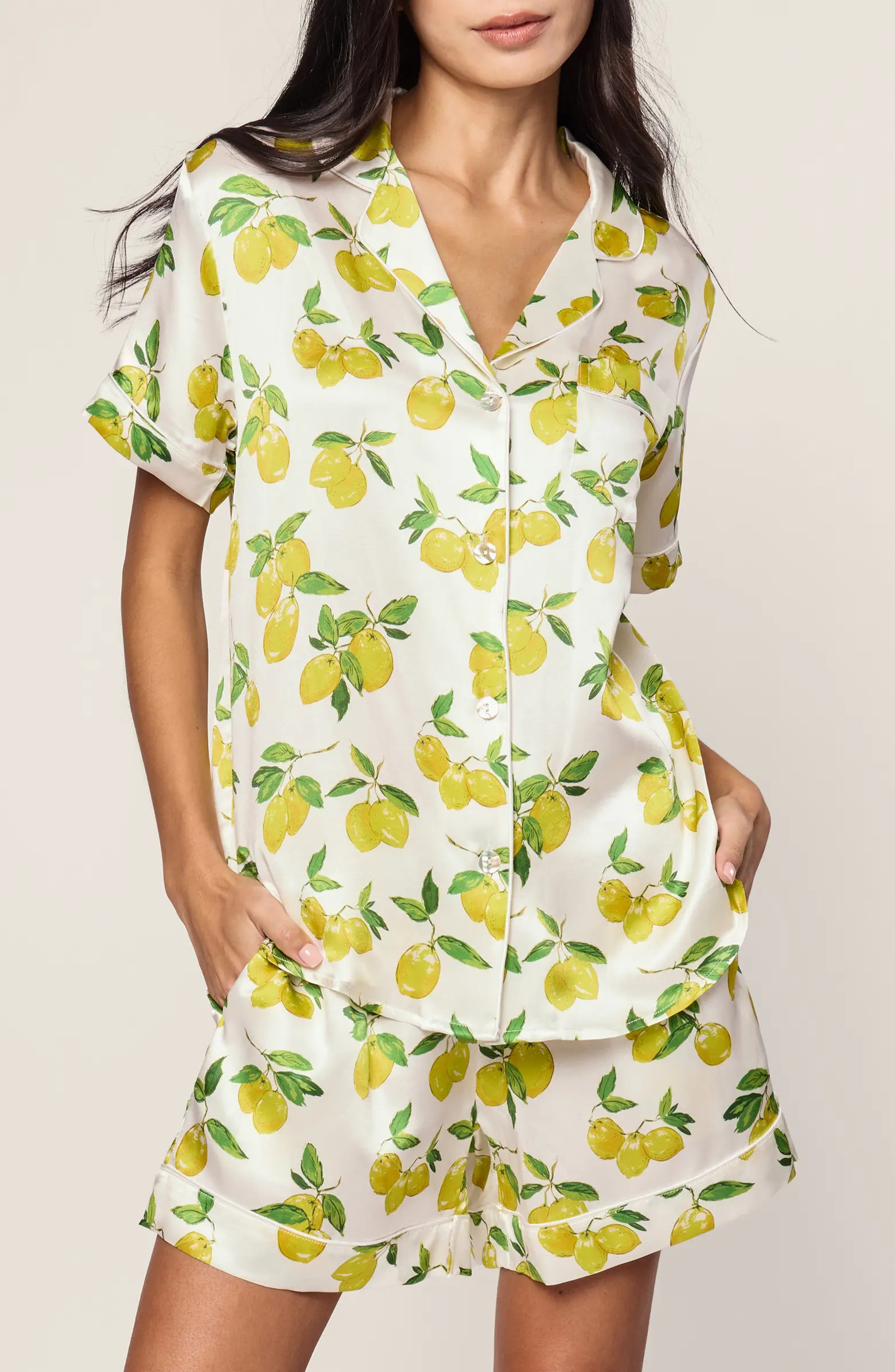 Petite Plume Piped Lemon Print Mulberry Silk Short Pajamas | Nordstrom | Nordstrom
