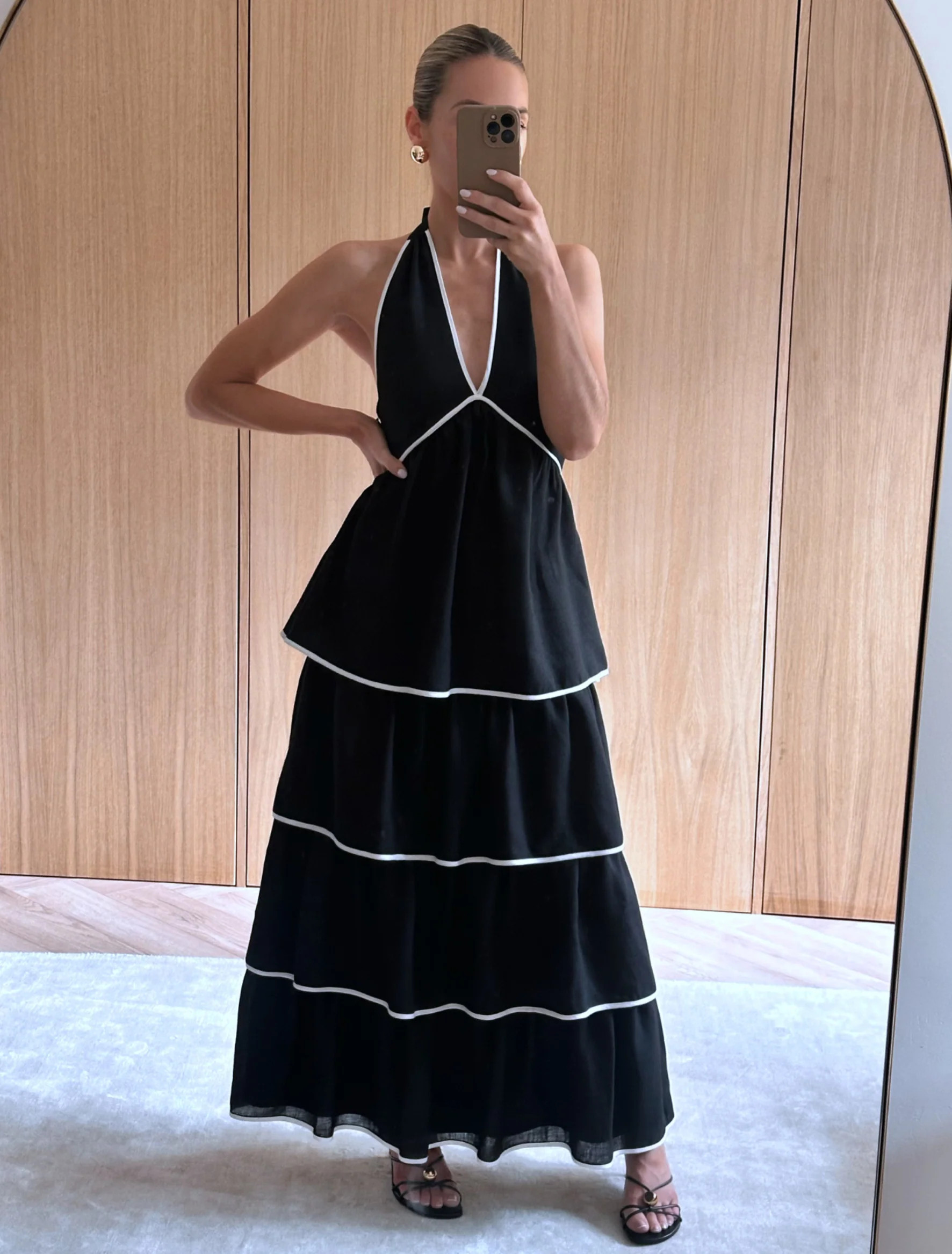Miri Halterneck Contrast Tiered Midaxi Dress - Black and Cream | Pretty Lavish (UK)