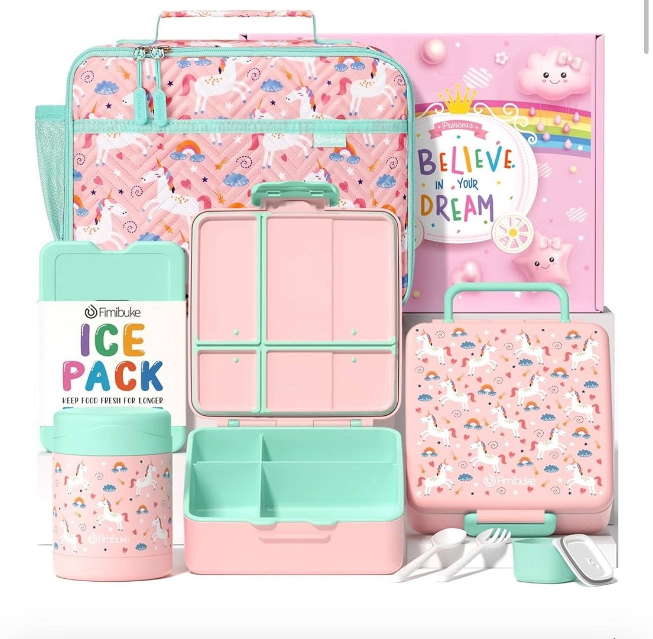 Fimibuke Kids Bento Snack Lunch Box with 4 Compartments, Insulated lunch Bag, Stainless Steel Thermos Food Jar, Ice Pack & Utensils, Unicorn Birthday Gift for Age 3-12 Back to School Toddler Girl Boy