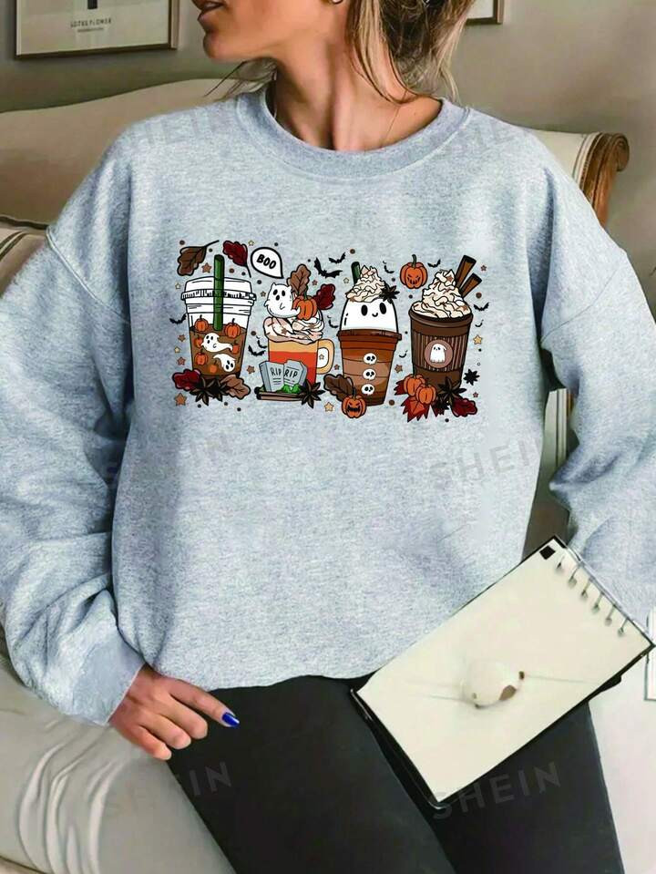 SHEIN LUNE Women's Plus-Size Hoodie Girl Halloween Print Drop Shoulder Sweatshirt | SHEIN USA | SHEIN