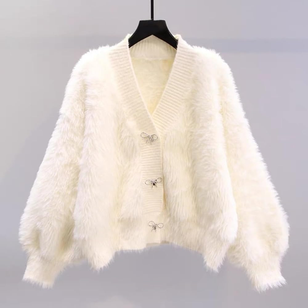 Womens Warm Fluffy Fur Cardigan Fuzzy Sweater Y2K Coat Solid Long Sleeve V Neck Rhinestone Bow Sw... | Amazon (US)