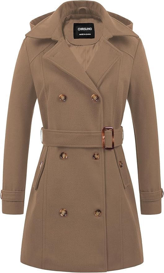 Chrisuno Women's Double Breasted Pea Coat Hooded Long Winter Trench Coat | Amazon (US)