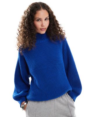 Monki Libby high neck knitted rib jumper in blue | ASOS (Global)