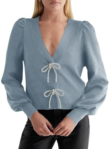 Saodimallsu Womens Bow Button Front Cardigan Sweaters V Neck Cropped Knit Sweater | Amazon (US)
