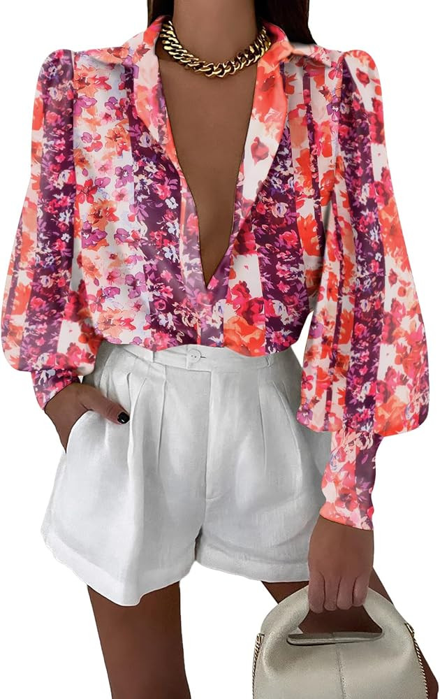 Women‘s 2024 Spring Tops Dressy Casual Long Sleeve Button Down Shirts Printed Boho Blouses for ... | Amazon (US)