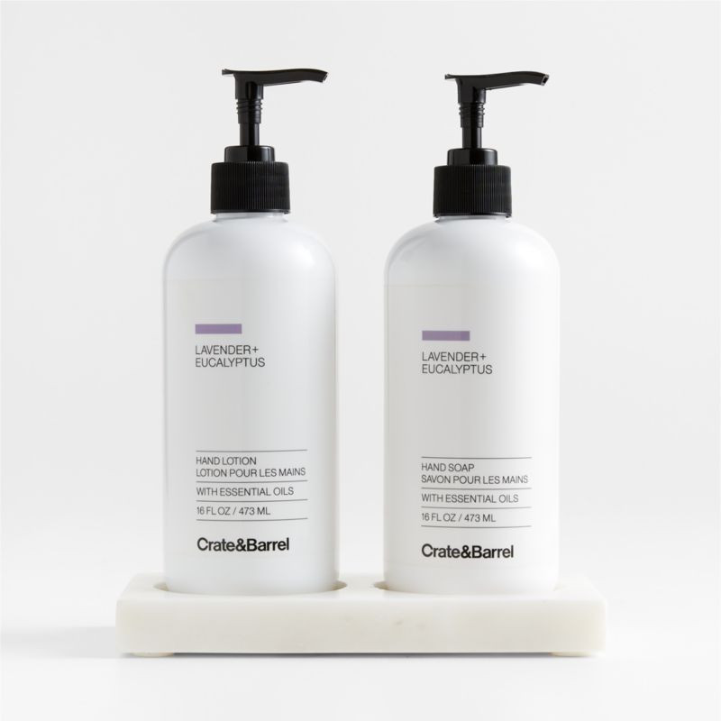 Lavender + Eucalyptus Hand Soap and Lotion Set with White Marble Caddy | Crate & Barrel | Crate & Barrel