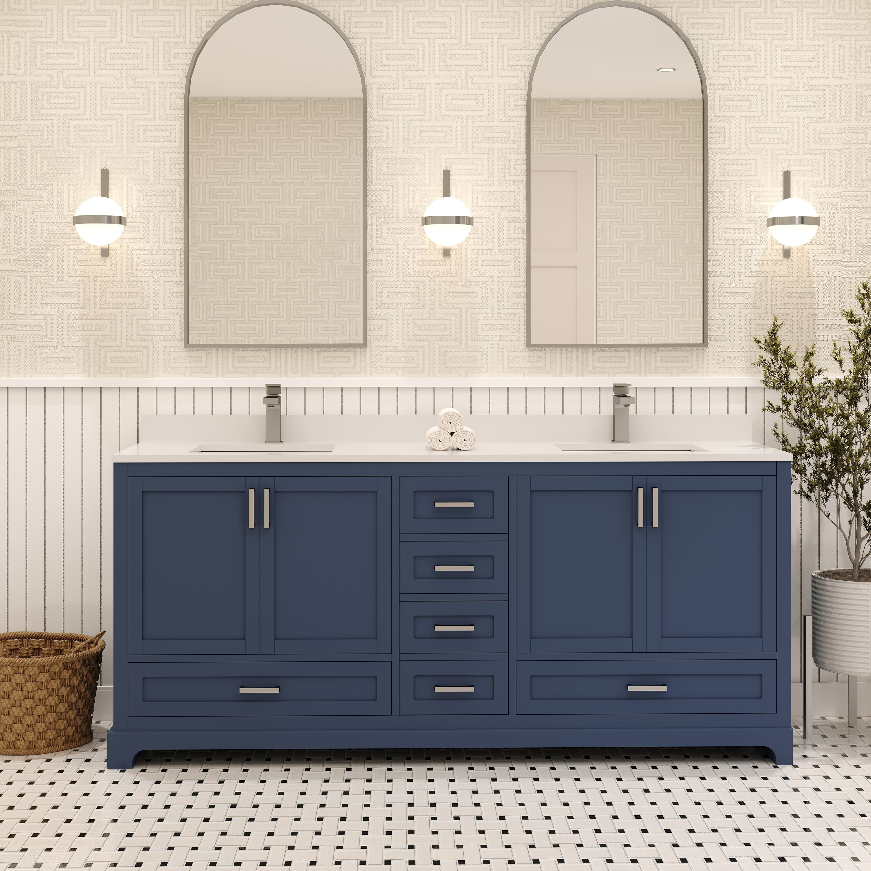 Ayna Decors 72-in Navy Blue Undermount Double Sink Bathroom Vanity with White Quartz Top | AVM72NB3002 | Lowe's